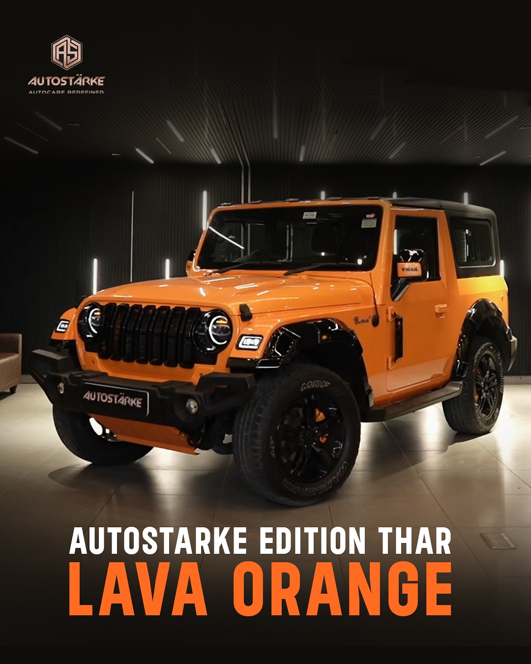 Customized Mahindra Thar by Autostarke, featuring a bold Lava Orange paint finish and upgraded exter