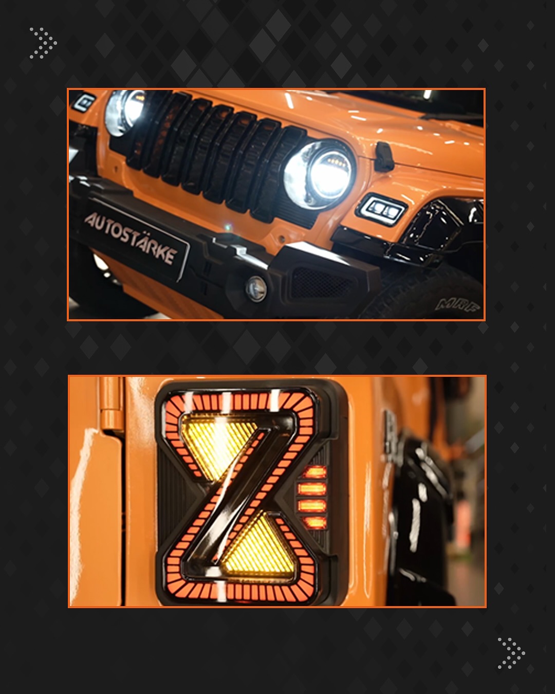 Front view of an Autostarke Edition Mahindra Thar, showcasing a complete Lava Orange exterior and cu