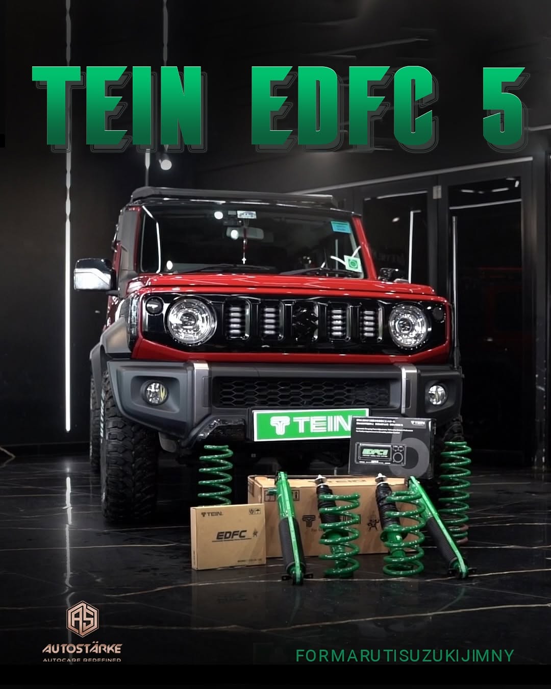 Detailed view of the TEIN EDFC 5 dashboard controller in a Maruti Suzuki Jimny, indicating smart sus
