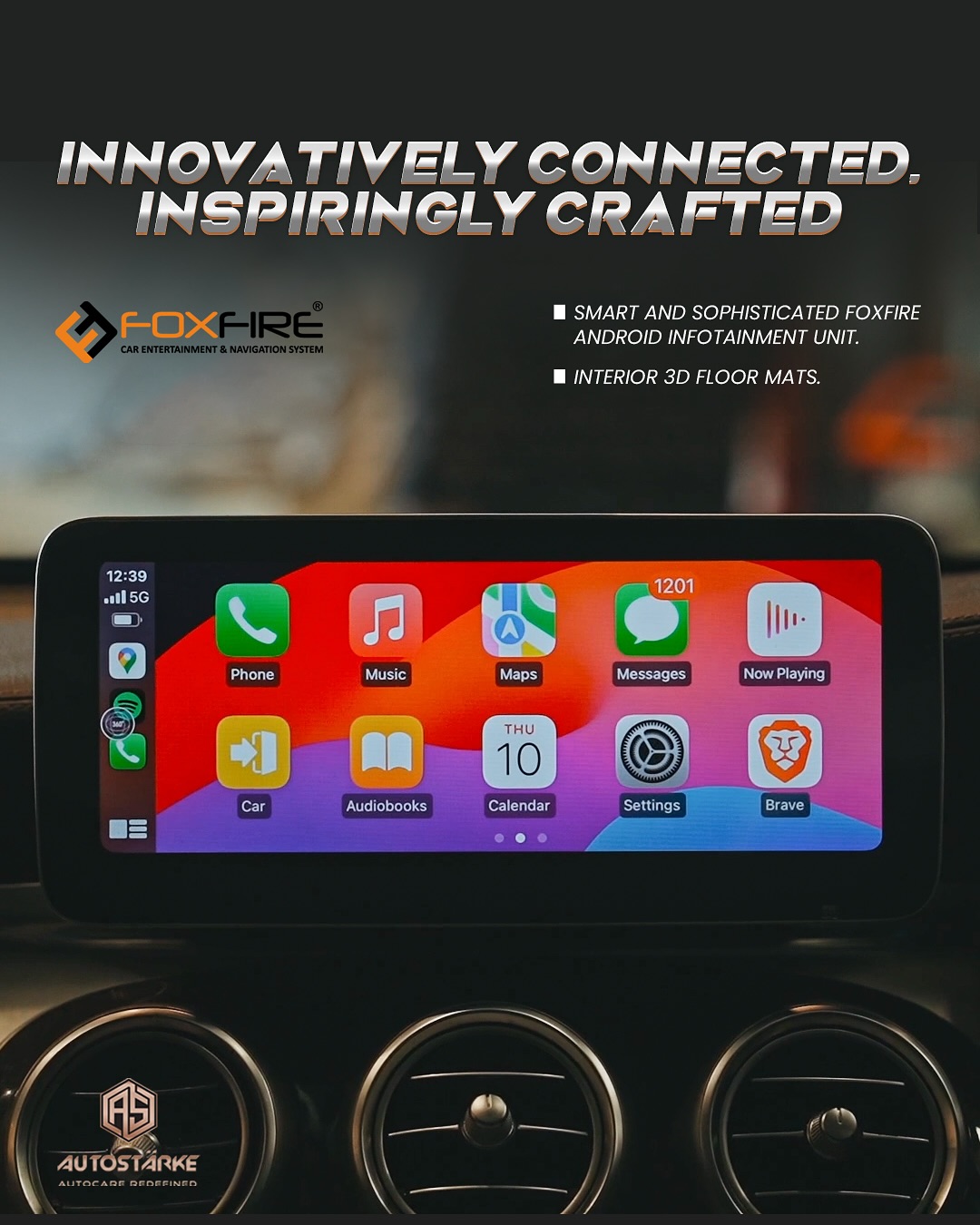 Before and after comparison of a Mercedes-Benz GLC dashboard, showing the upgrade to FoxFire Android
